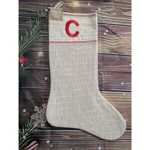 NEW Letter "C" Embroidered Beige Burlap Shimmer Christmas Stocking 20" Holiday